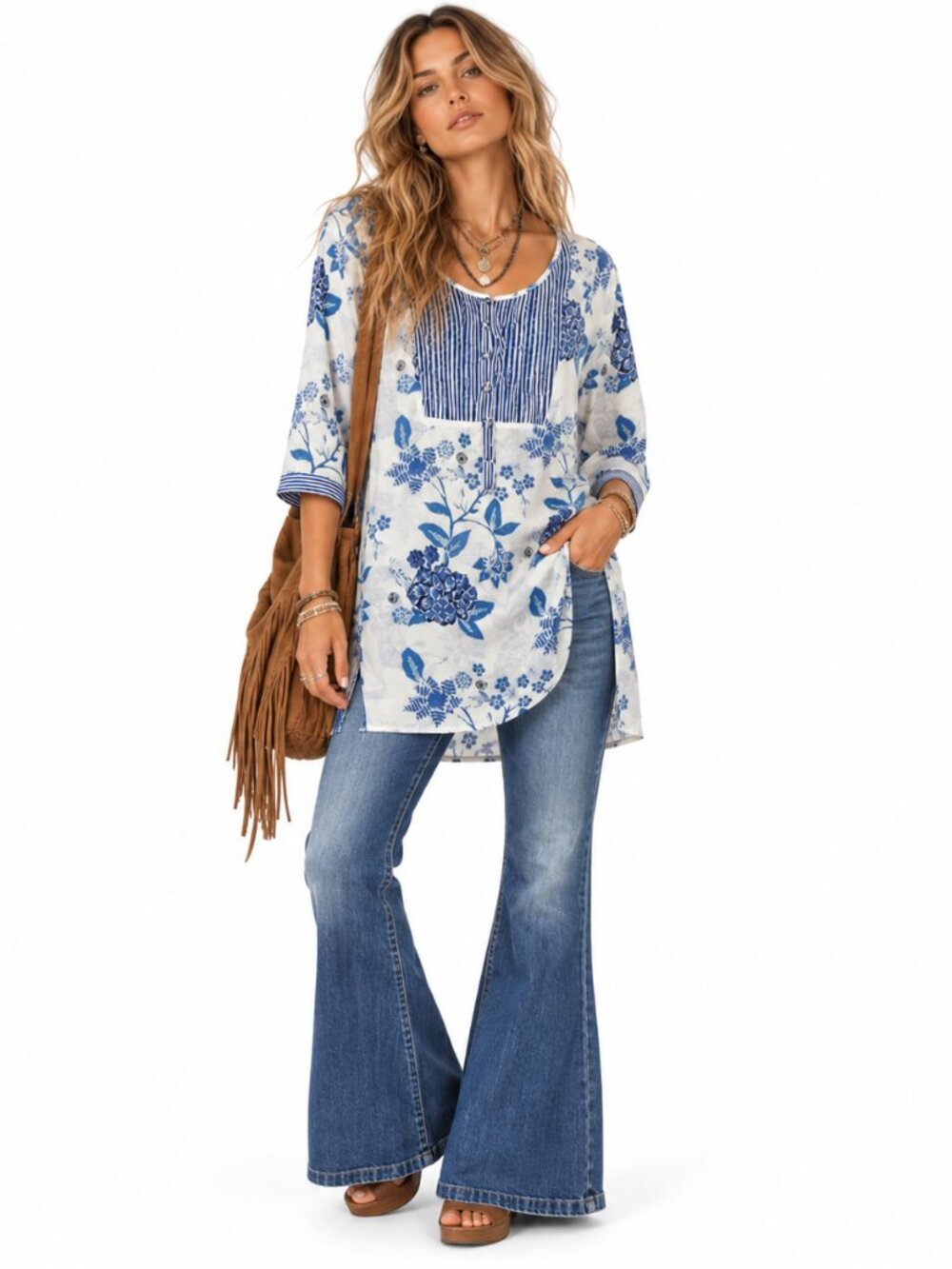 Anthropologie Mermaid Sea Holly‎ Tunic Women S Blue Floral Cotton Boho